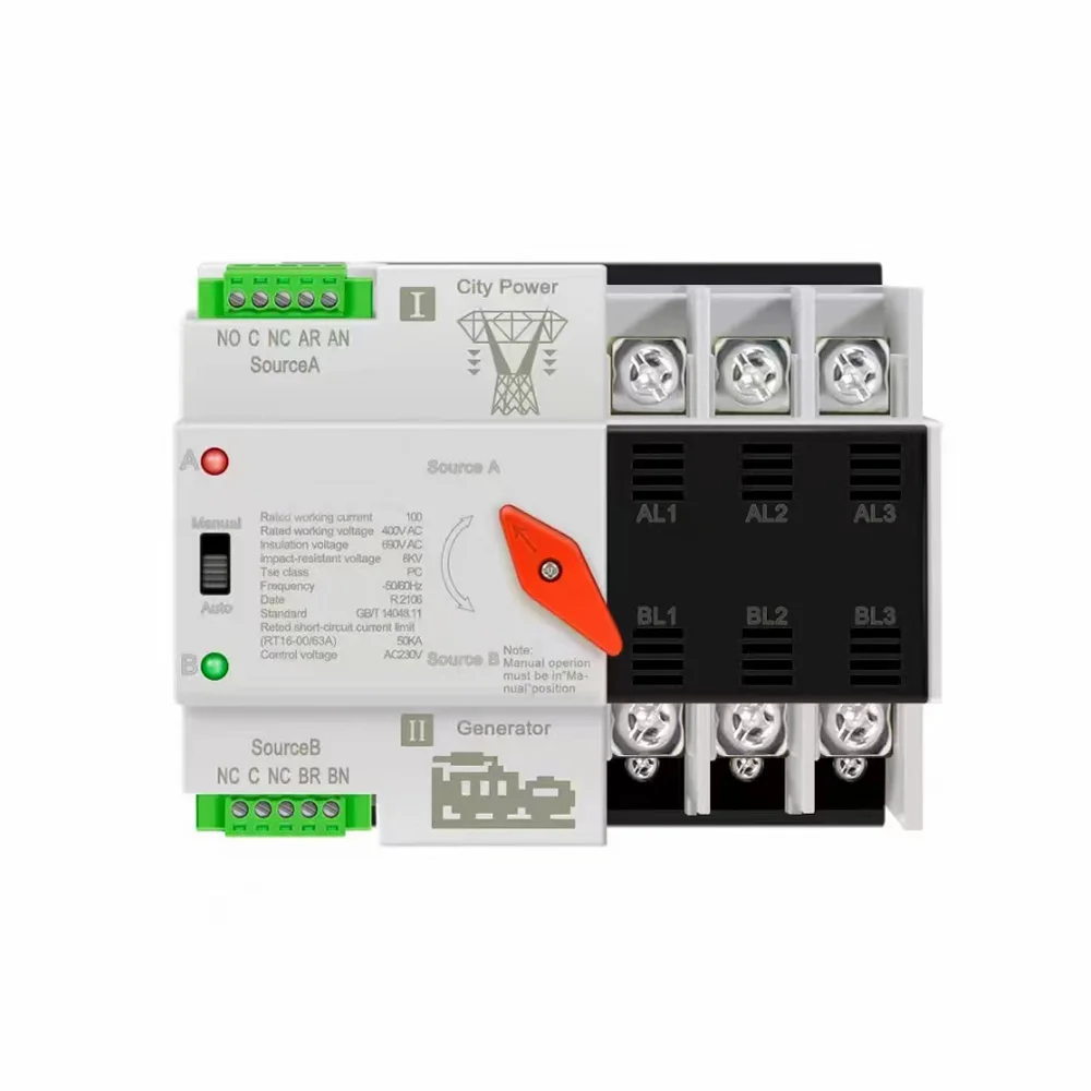 mini Automatic Transfer Switch, new type din rail type Dual Power changeover Switch 2P 63A  single phase ATS for Generator 1pcs