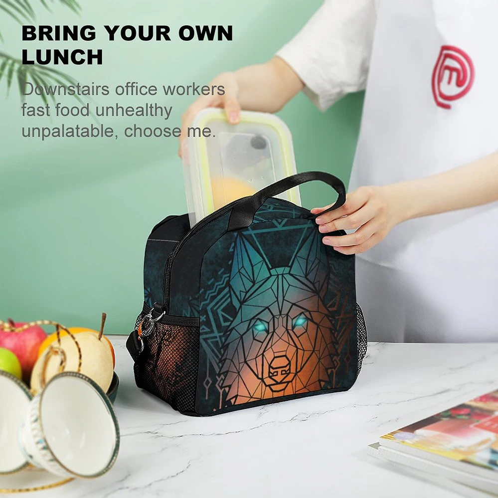 Portable Lunchbox Insulated Lunch Bags with Wolf Pattern Lunch Box for Office Picnic Set