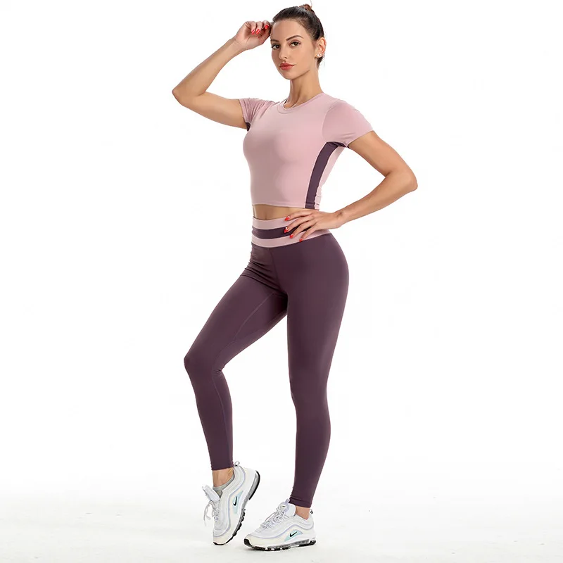 
Dropshipping 2021 new fitness sports short sleeved T-shirt top high waist leggings set Fitness biker pants yoga set for women 
