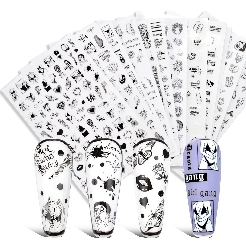 Animation Decorative Nail Stickers Art Love Letters Black White Butterfly 3D Strap Animal Adhesive Nail Stickers