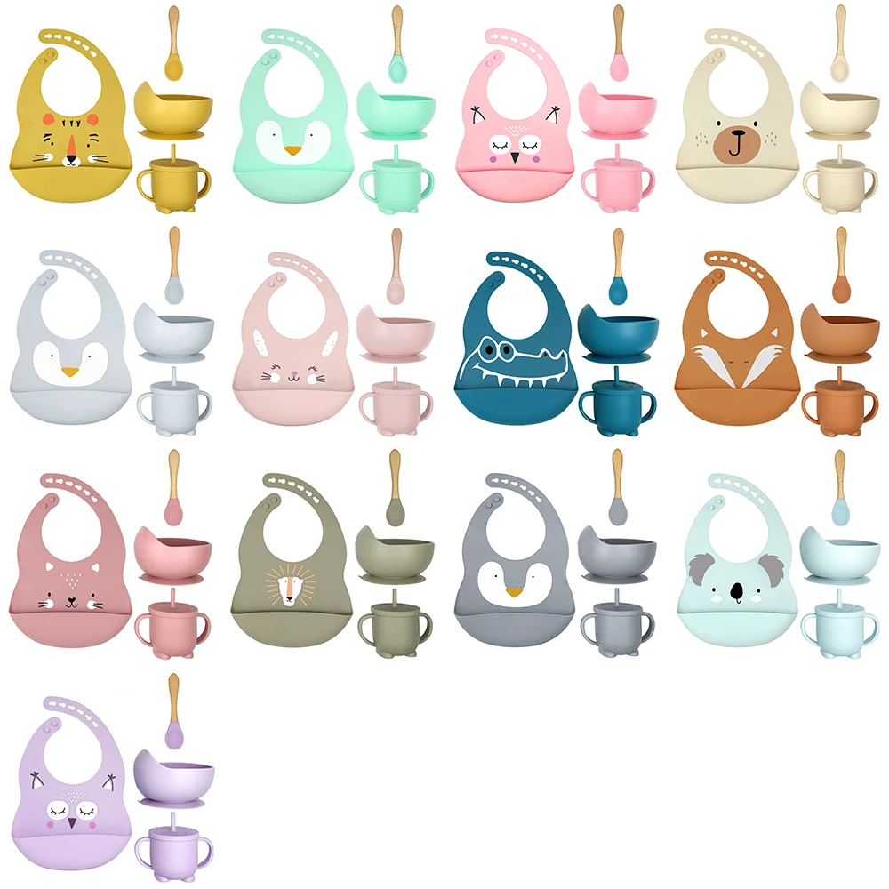 Baby Silicone Feeding Set Tableware Kit Bebe Dining Kit Print Pattern Bib Design Babero Bowl And Spoon With Straw Cup