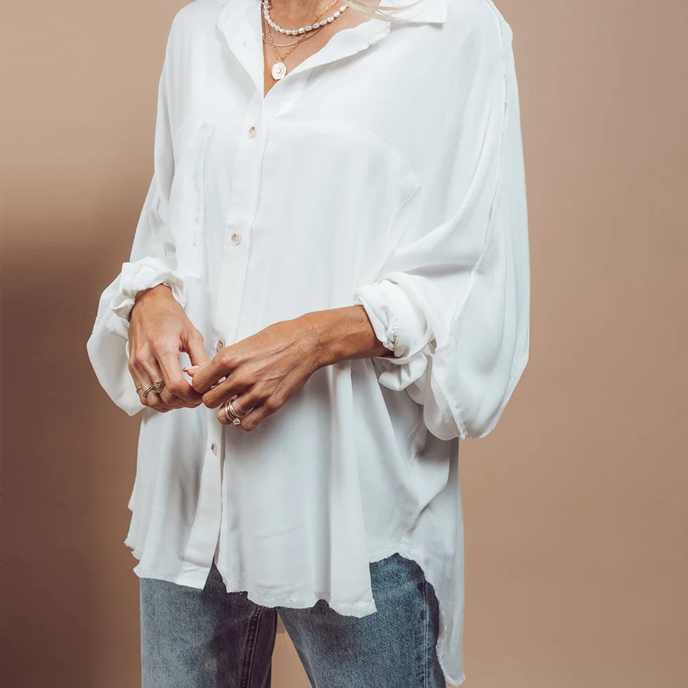Loveda Custom Summer Long Sleeve Casual Shirt Ladies Loose Elegant Solid White Georgette For Women Oversized Blouse Wholesale