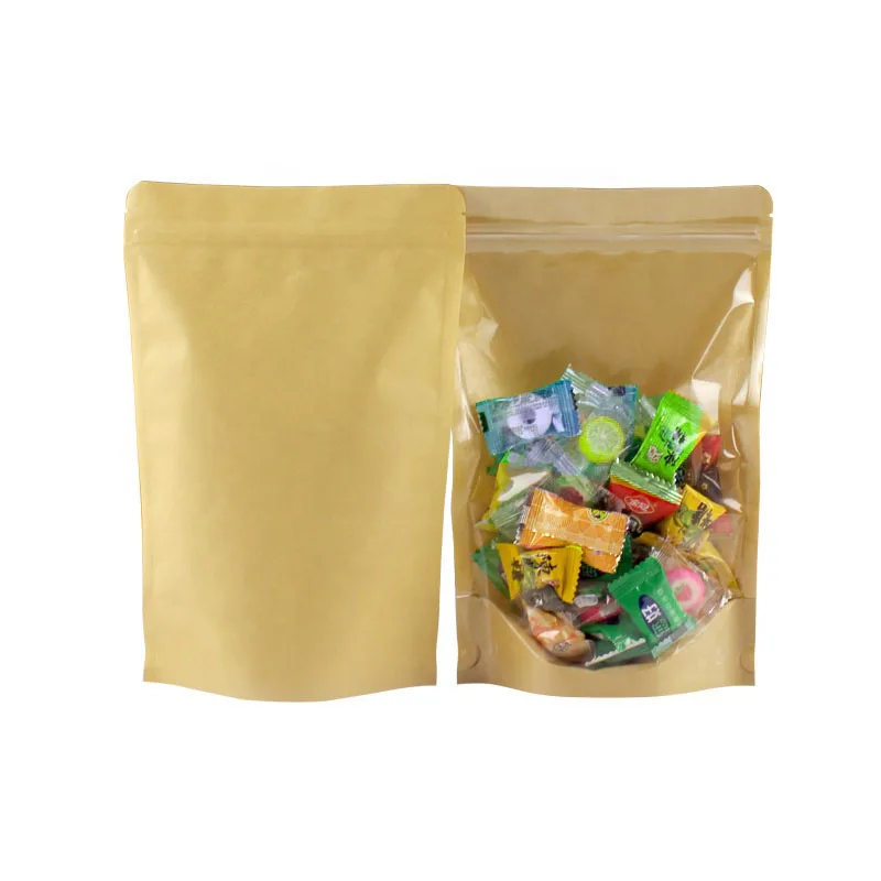 В наличии и на заказ Перезаправляемые пакеты с застежкой-молнией для упаковки продуктов прозрачные передние из крафтовой бумаги