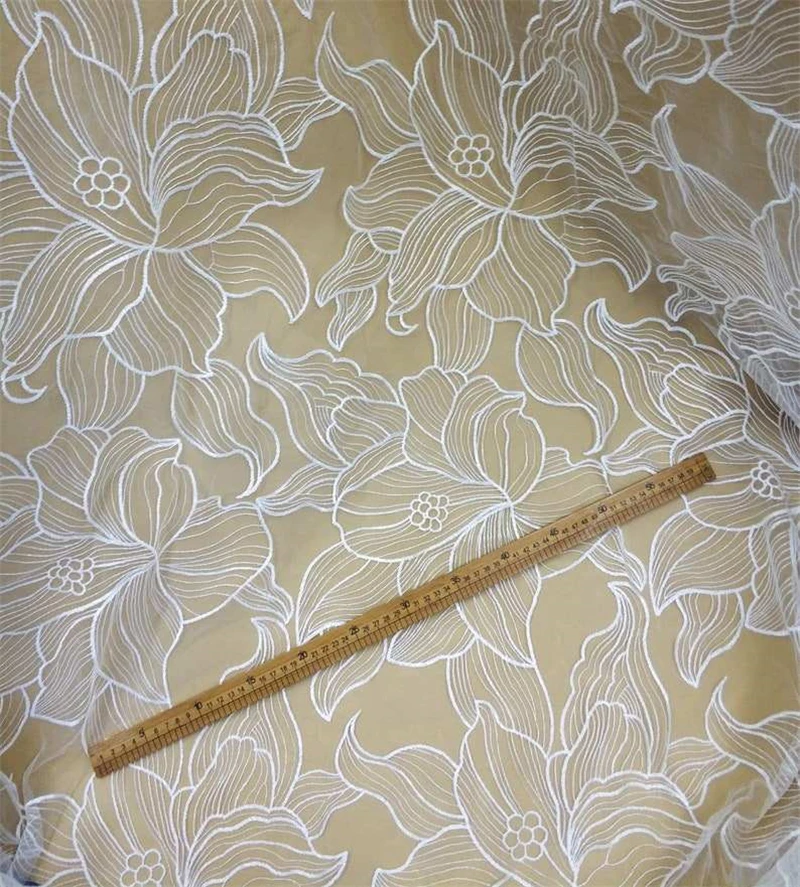 High endwedding bridal floral custom embroidery sheer white soft lightweight evening dress french tulle lace fabric by the yard