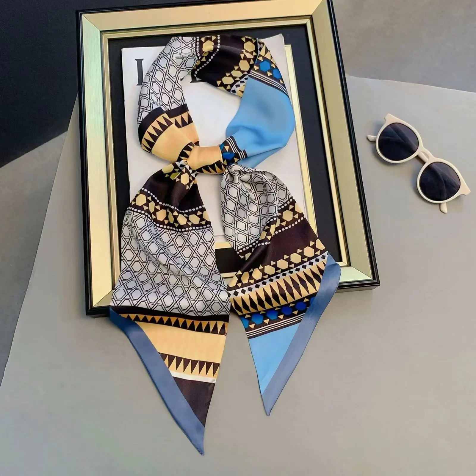 2024 New Collection Customized Brown Beige Checkered Jacquard Printed Silk Scarf Made Ready Stock Wholesale Bulk Order