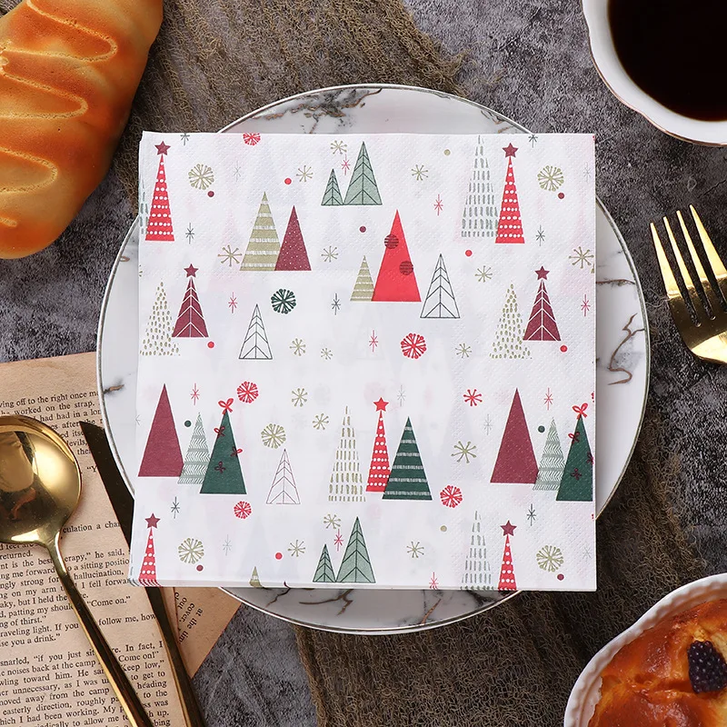 Ready To Ship 1/4 Fold Napkins Tissue Paper Decorative Santa Merry Christmas Tree 2 Ply 20pcs Printed Dinner Napkin