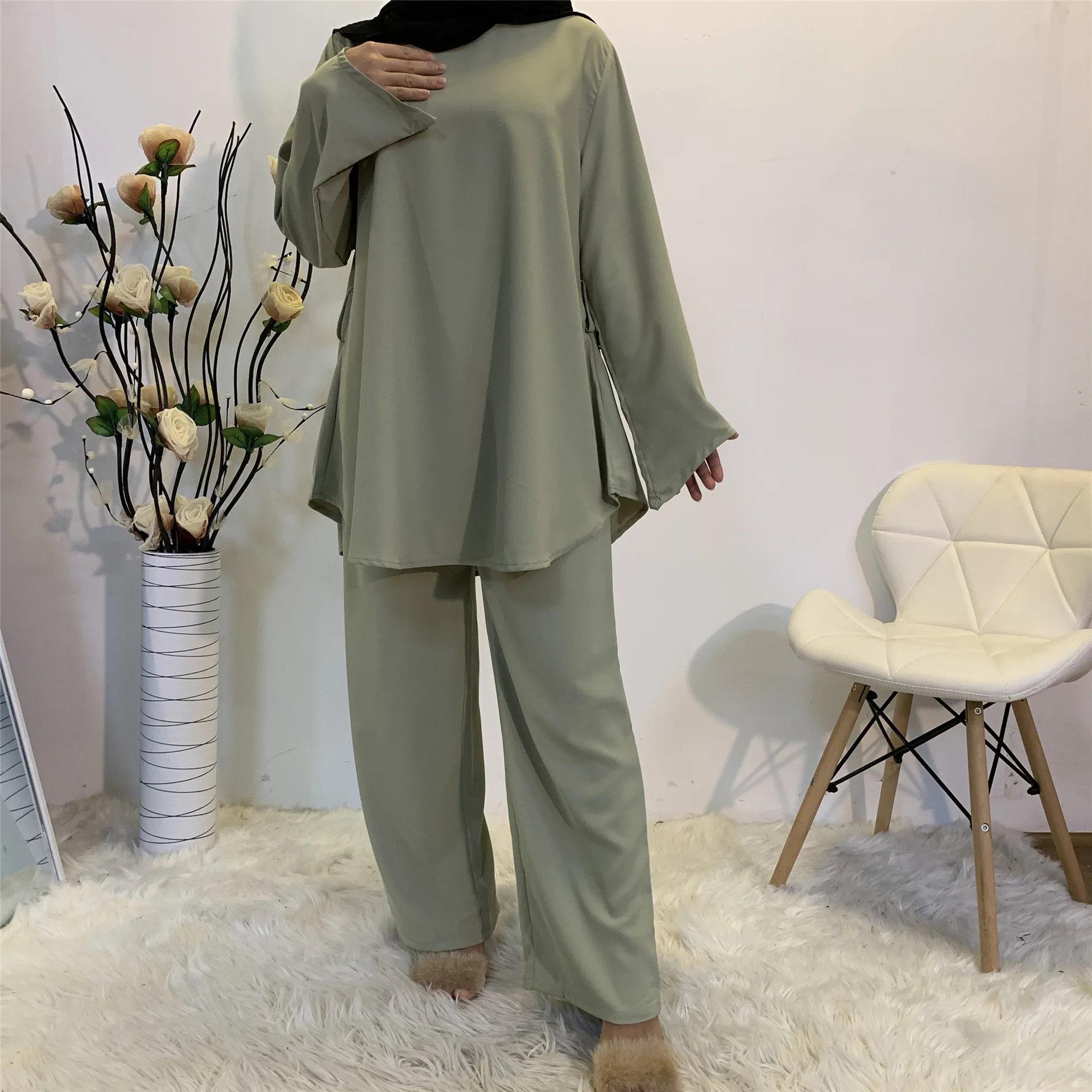 Fashion Simple Islamic Tunic Tops Women Spring Set Casual Long Sleeve Lace Up Dress Wid Leg Pants Muslim Woman Long Tunic Set