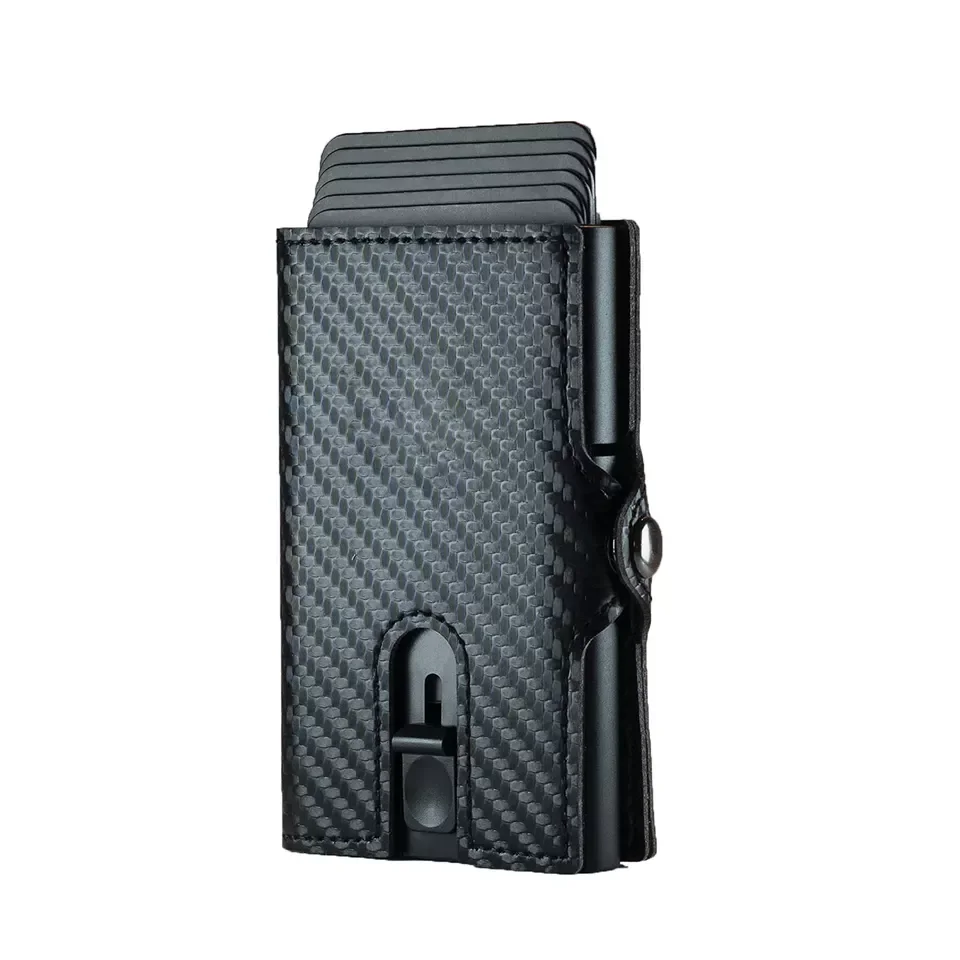 Slim Carbon Fiber Cardholder RFID Business Pop Up Card Holder Mini Smart Leather Wallet for Men