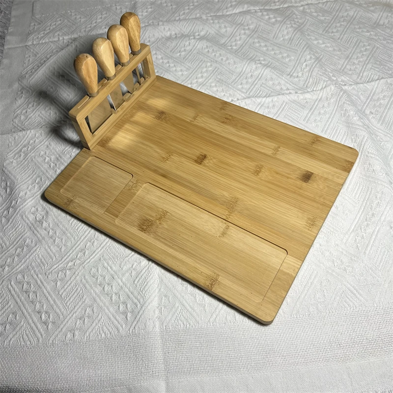 Hot selling wholesale cutting board with slide-out drawer for cutlery bamboo cheese board and knife set
