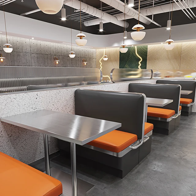 chrome brushed plated Stainless steel western pizza canteen restaurant sofa table and chair furniture for bar cafe