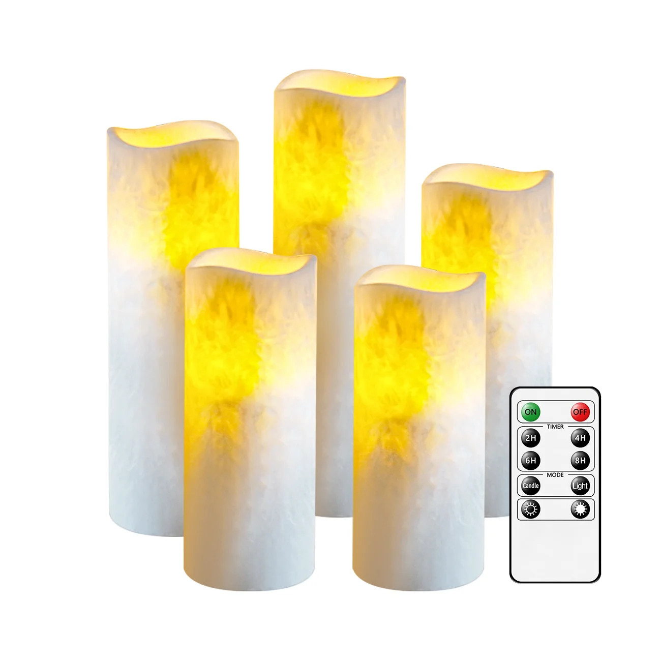 kakoya Set of 5 LED Crystalline wax Flickering Candles Flameless Pillar Candle 24 Hours Timer remote Wedding Party