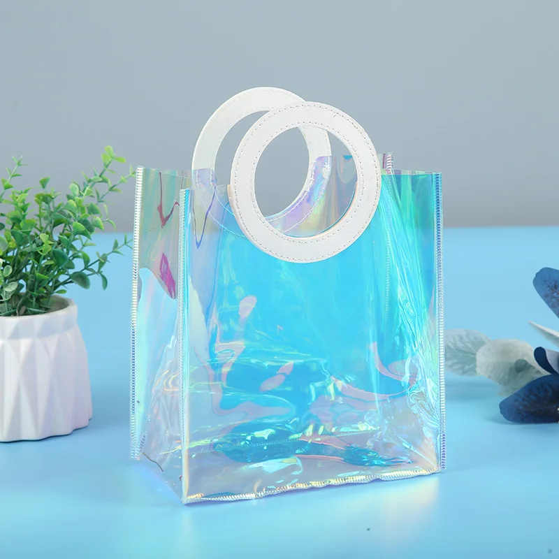 Оптовая Продажа с логотипом, квадратная ручка, прозрачные ПВХ Прозрачные голографические пластиковые сумки-тоут высокого качества