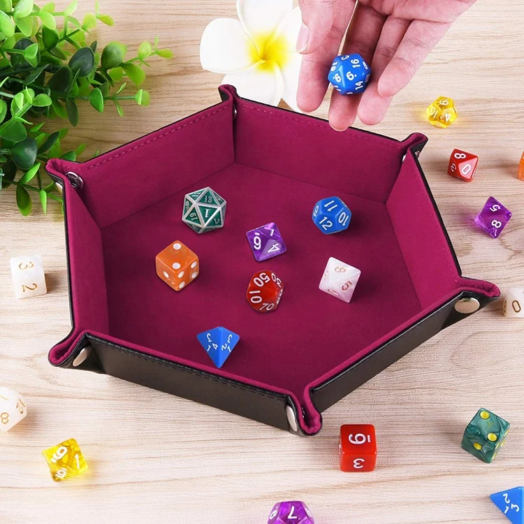 Elegant Rose Red Velvet Dice Holder Hexagon Folding Dice Storage Box Leather Tray
