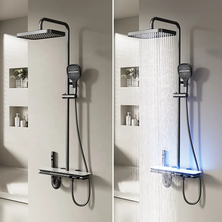 Digital Display Smart Mixer with LED Light 6 Function Piano Button Shower Gun Metal Thermostatic Shower Set