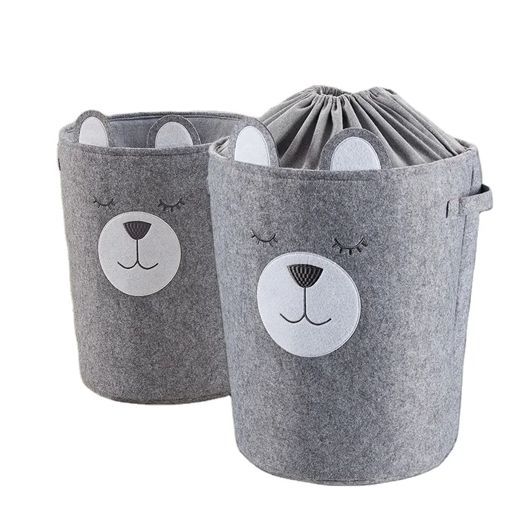 xingma felt animal Home round grey bucket drawstring felt bear laundry baby storage basket foldable