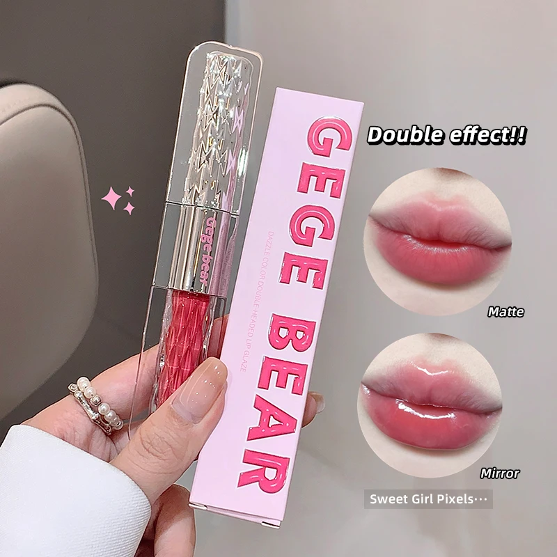 NEW GEGE BEAR Double-Headed Lip Glaze Matte & Mirror 2 in 1 Vivid Colors Multipurpose Not Easy To Fade Cute Lip Gloss