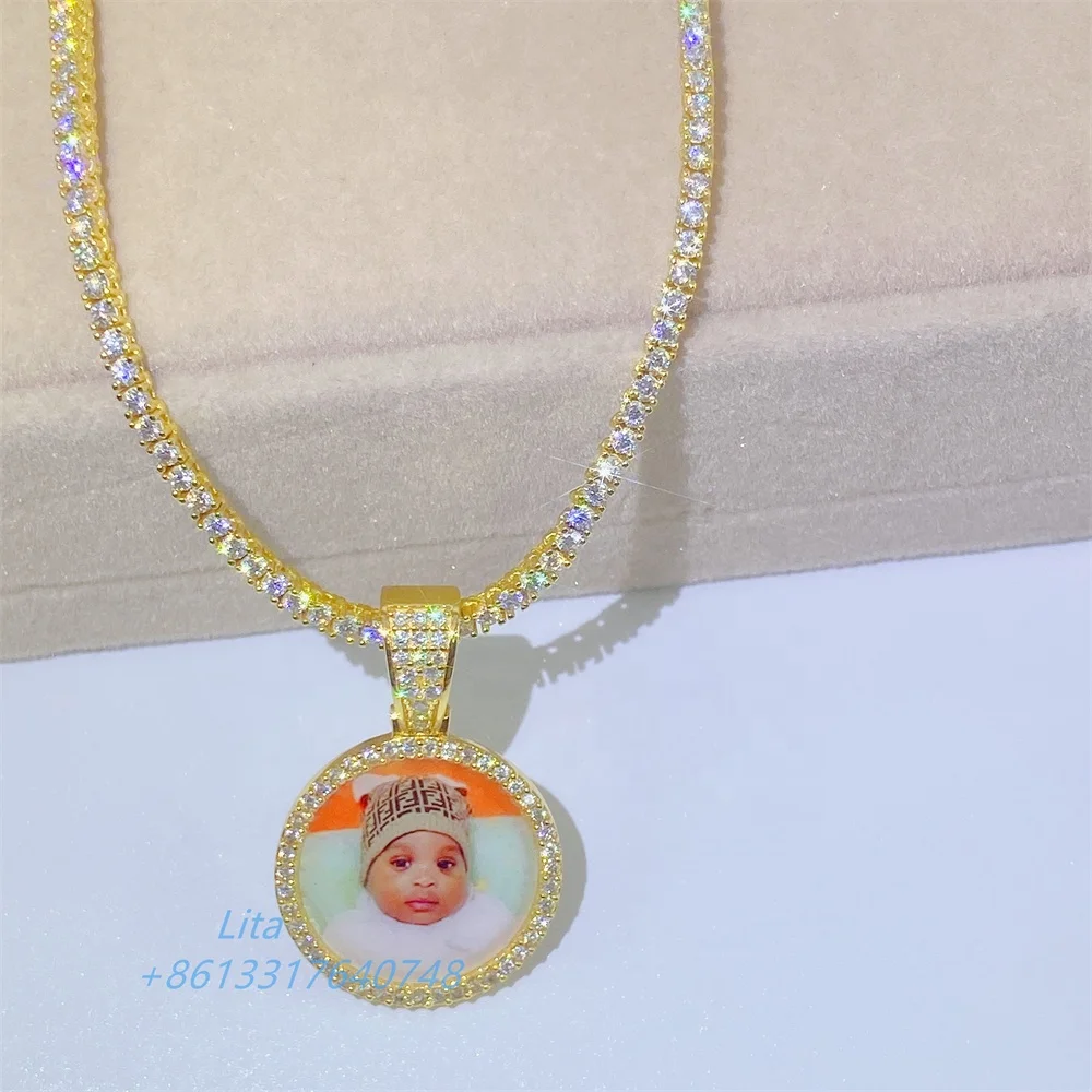 Fine Jewelry Custom 925 Sterling Silver Iced Out Memory Tennis Chain Moissanite Photo Pendant