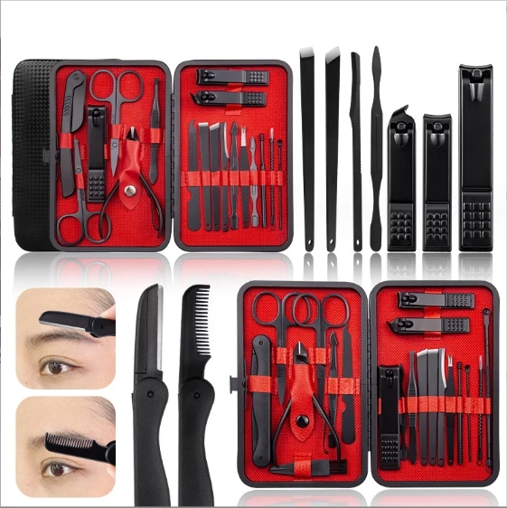 7/10/15/18/20pcs Stainless Steel Black Manicure Kit Professional Nail Clipper Grooming Kit Set with Travel Case