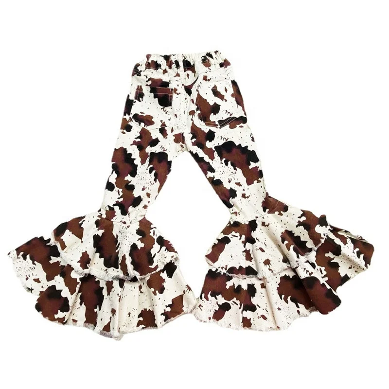 2024 New Western Style Brown Cow Printed Baby Girls Boys Denim Bell Bottoms Pants Children Double Bells Jeans