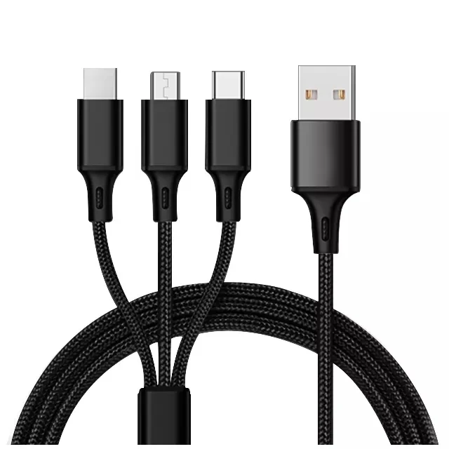 Nylon braided 3 in 1 usb charging cable micro usb 8pin type C fast charging data cable for mobile phone