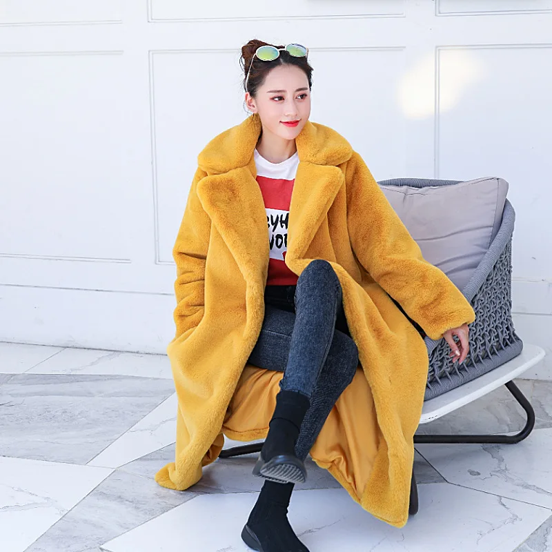 Long large size women faux rabbit fur coat warm winter fur coat