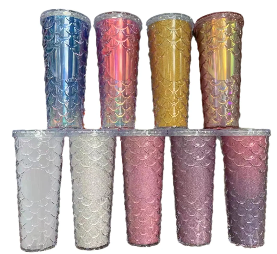 2023 Double-Wall BPA Free Coffee Mugs Cup Reusable Fish Scales Plastic cups With Lid And Straw