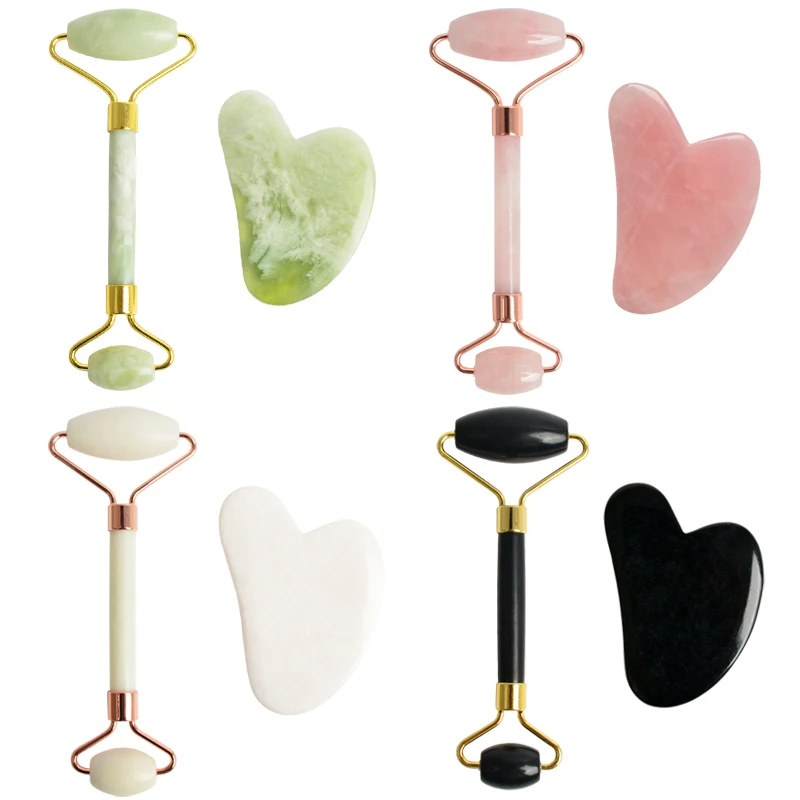 
Wholesale custom 2 in 1 all color natural jade roller gua sha set skin beauty care tool massager 