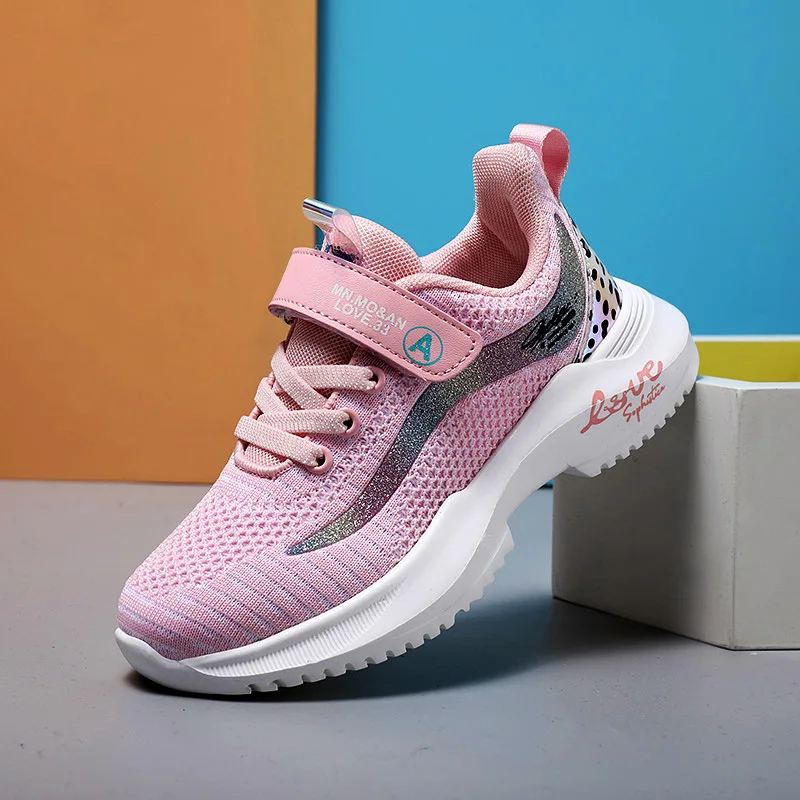 
2021 New Mesh Breathable Fly Woven Fashion Custom Casual Chlidren Girls Running Shoes 