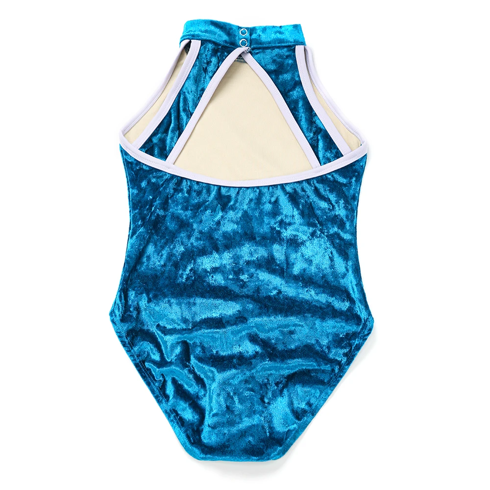 Custom colors logo good quality royal red blue high neck diamond velvet dance training wear ballet leotards for girls