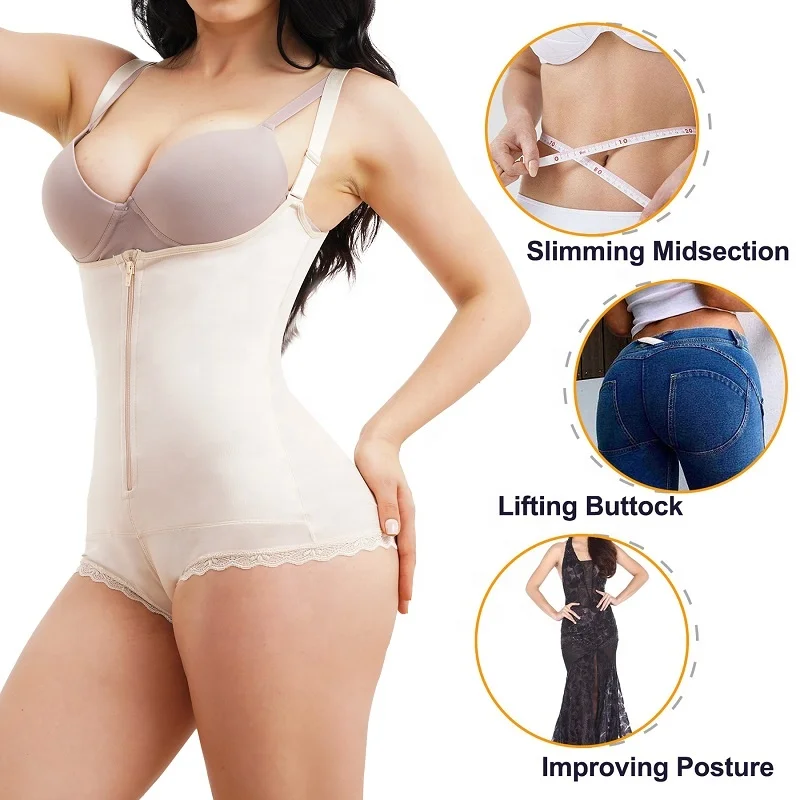 Women Full Bodysuit Tummy Control Open Crotch Slimming Latex Shapewear With Front Zipper