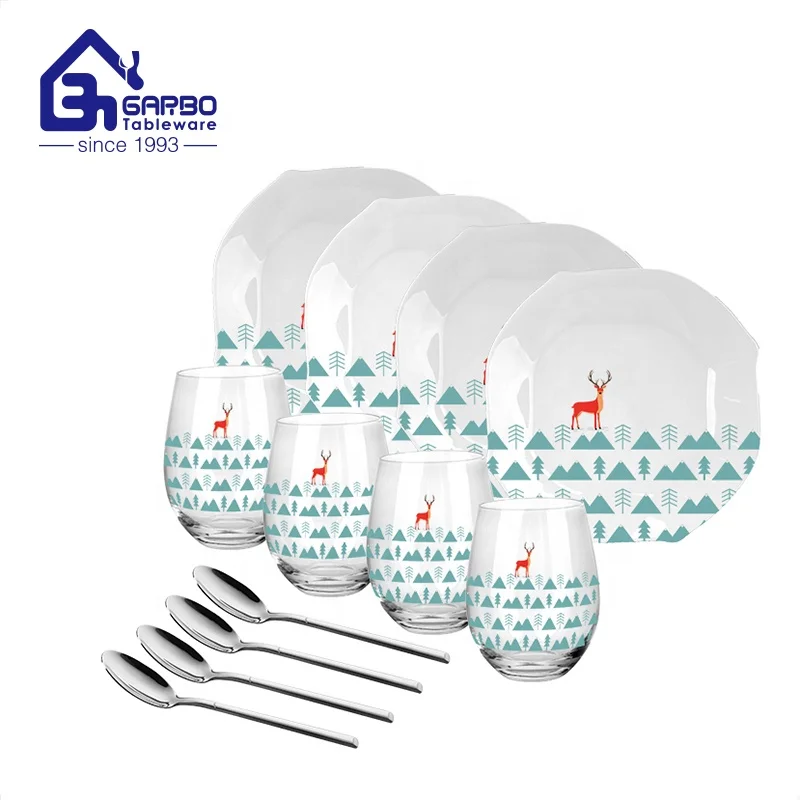 Color box pack customized logo tableware set heat resistant opal plate dinner set with water juice tumbler classic dinner spoon