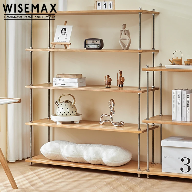 WISEMAX FURNITURE Modern Living Room Furniture Tall Metal Frame Ash Wood Board 5 Layers Shelf Cabinet for Bedroom