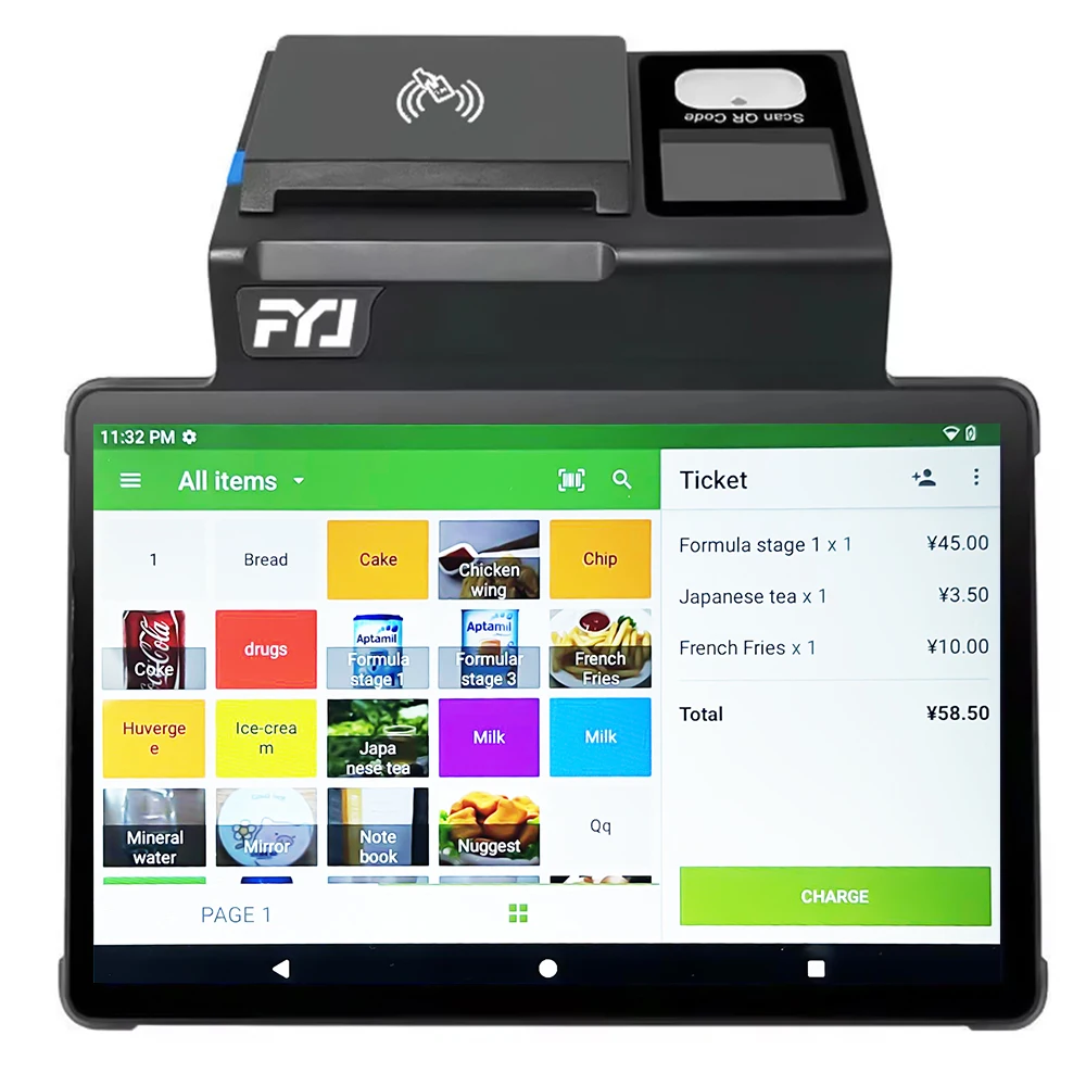 FYJ F1-T1 11 inch 3+16GB Pos Terminal Portable Android 12/13 Desktop Pos Tablet All in One Pos Machine with 80mm Printer