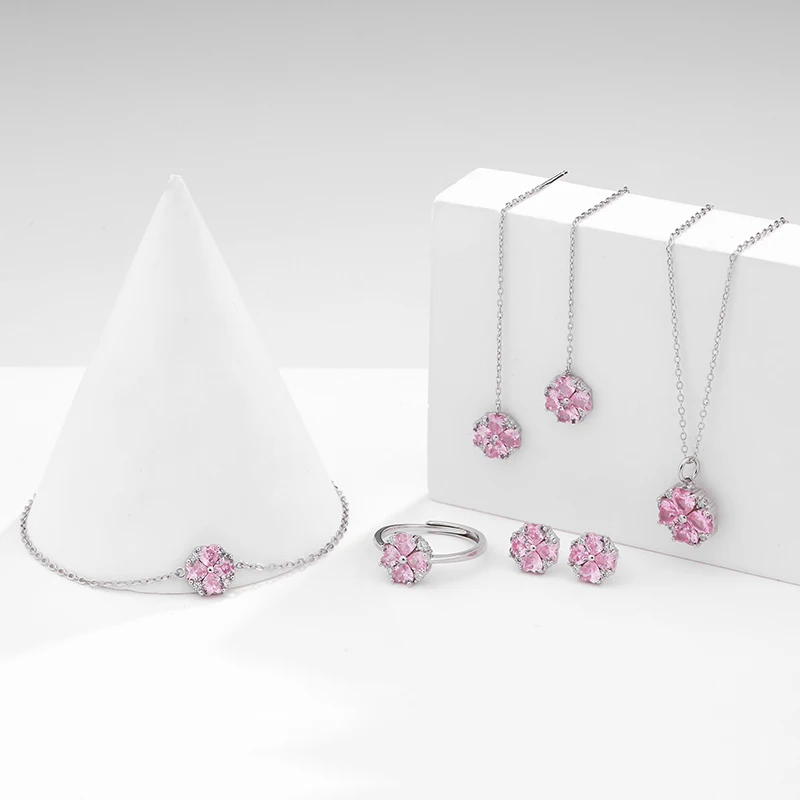 925 Sterling Silver Pink Zircon Four Leaf Clover Pendant Necklace Bracelet Earrings Sets Fine Jewelry Set