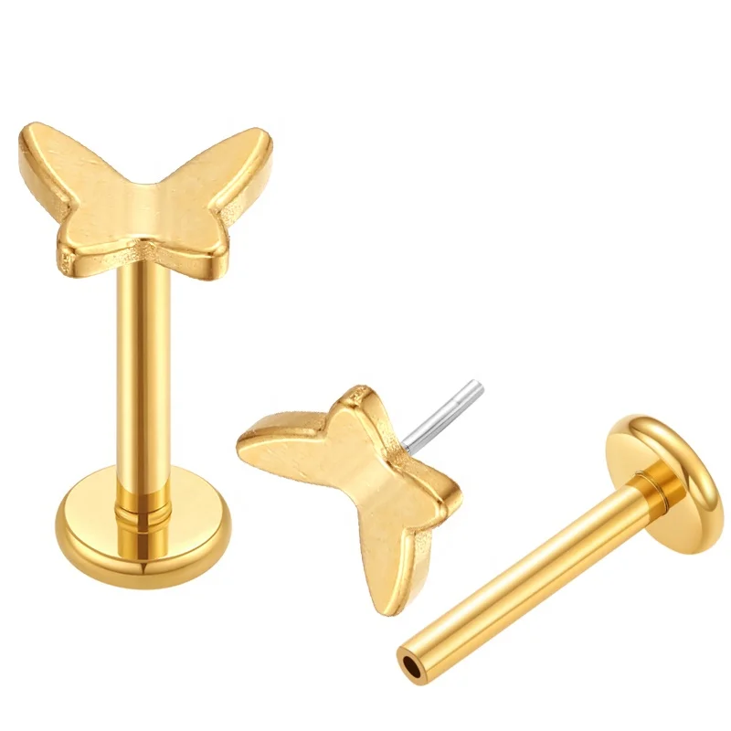 Wholesale ASTM F136  Titanium butterfly Threadless Push in 24k plated Labret   Lip Flat Back Piercing Studs  Body Piercing