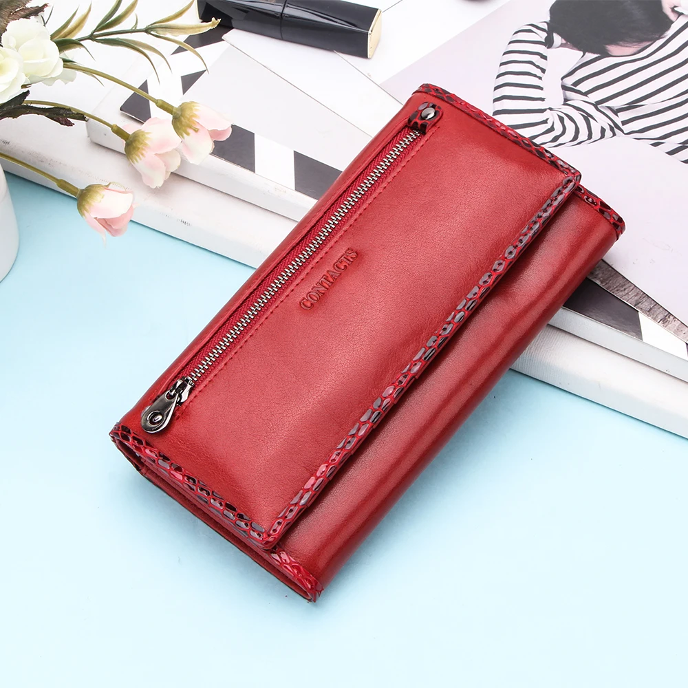 Contacts New Design fashion womens RFID wallet Ladies Long Purse Genuine Leather with zipper pocket