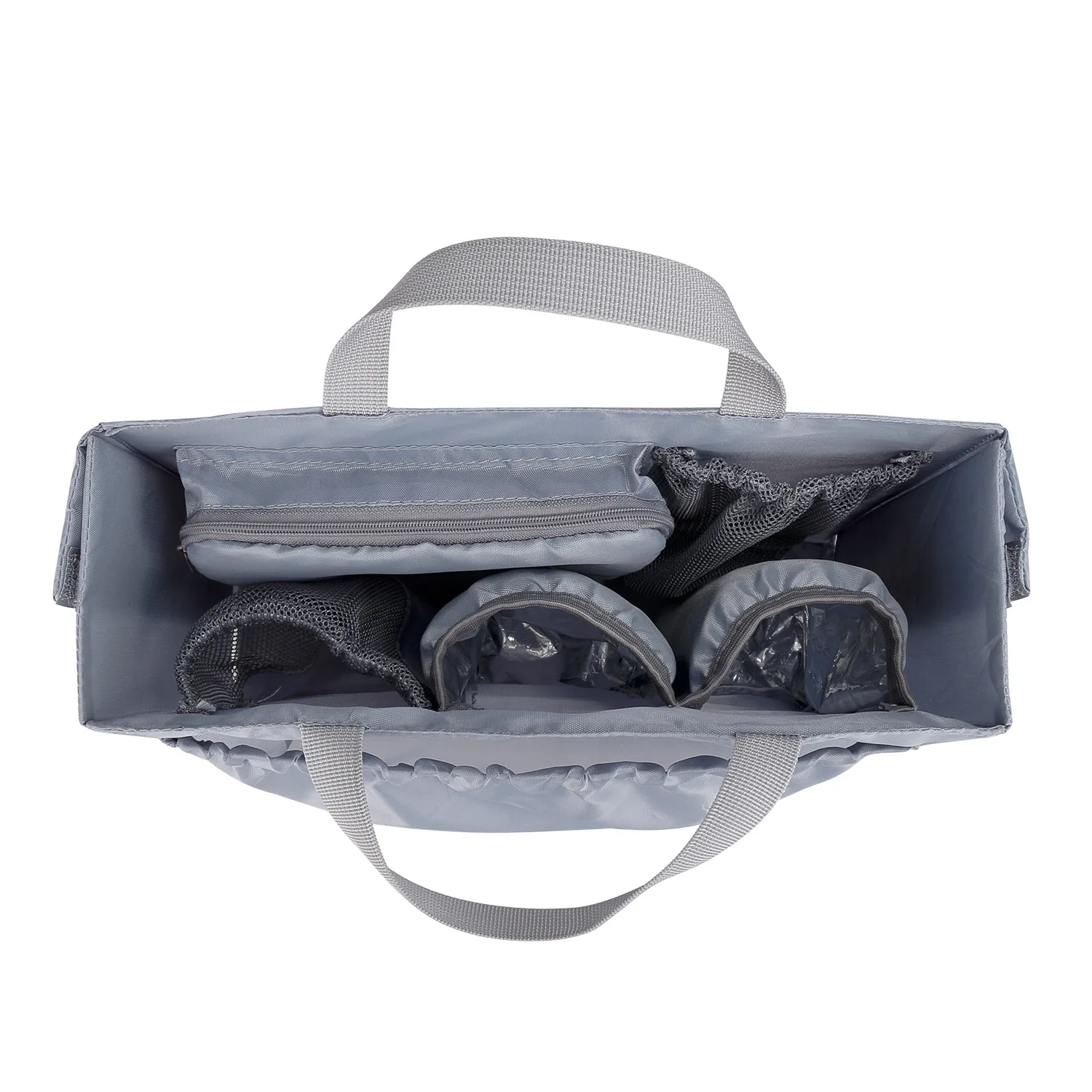 Detachable diaper bag liner with 6 total pockets, including an insulated pocket, keychain and washable changing pad.