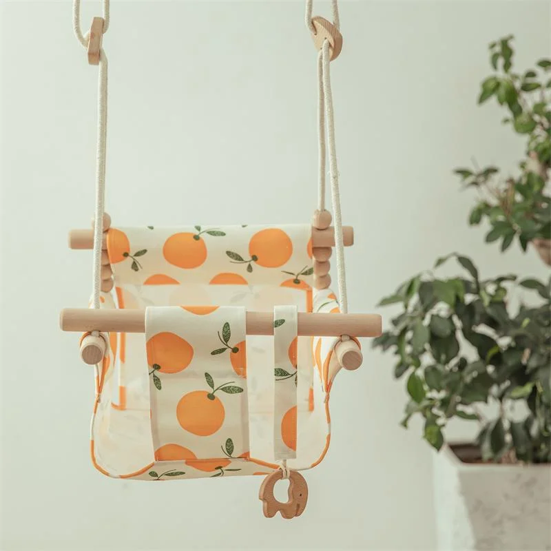 Hot Wooden Baby Swing Chair Canvas Hanging Swing Seat with Cushion Indoor Durable Swing for Infant