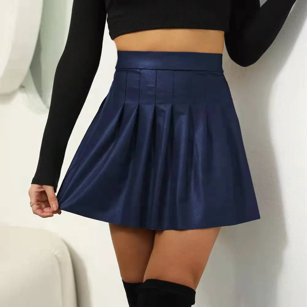 Fashionable ladies girls faux leather pleated shirts leather short dress