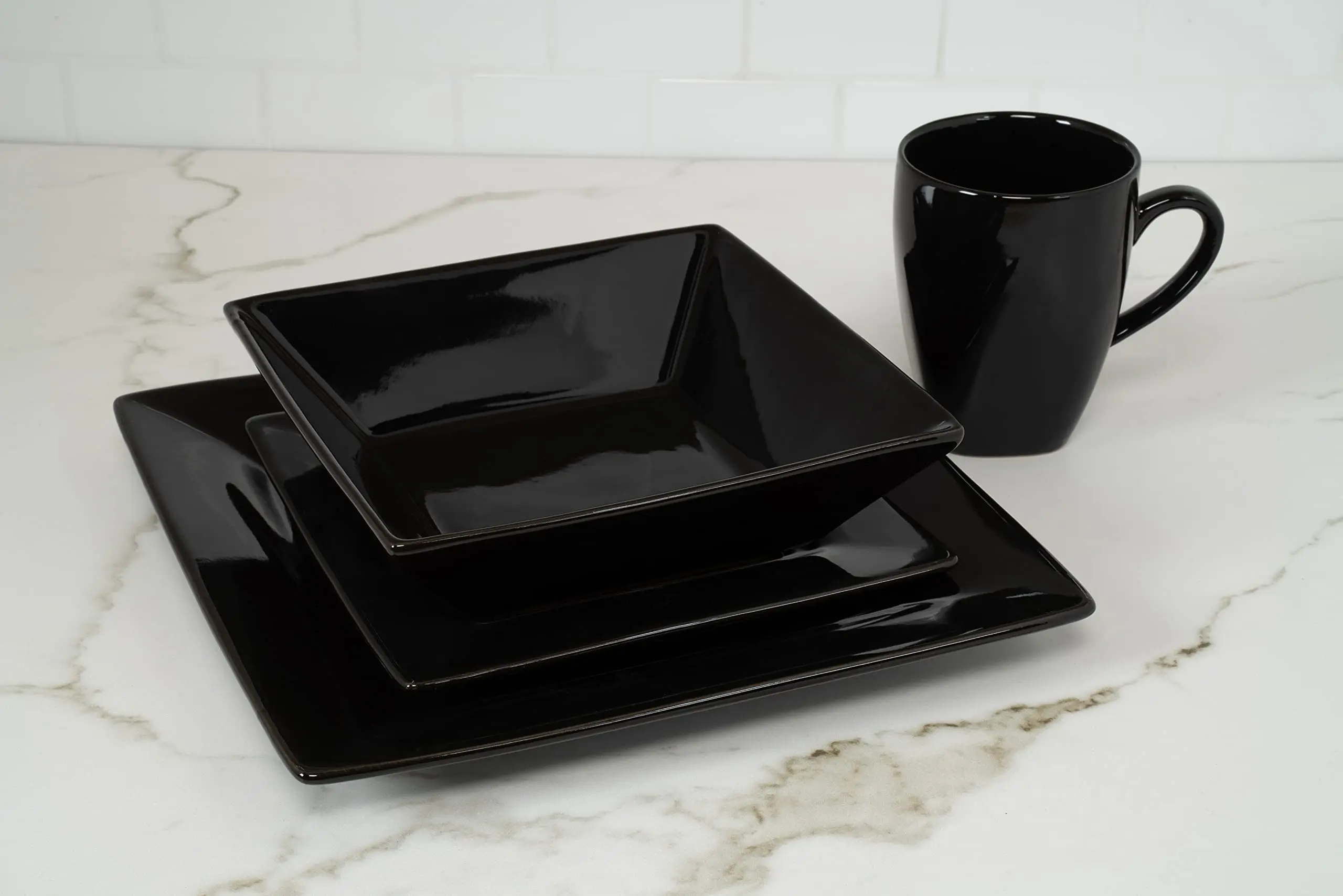Ceramic Square Dinner Sets Durable Porcelain Dinnerware Set, 38 Piece, Black Dinnerware Set