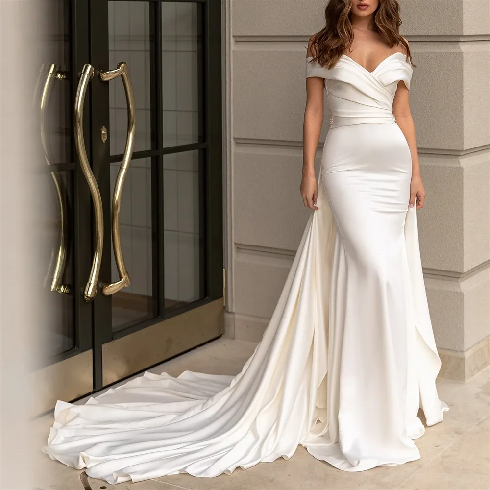 100% Real Photo High Quality Off Shoulder Mermaid Satin Wedding Dress For Women 2025 Elegant Backless Bride Gown