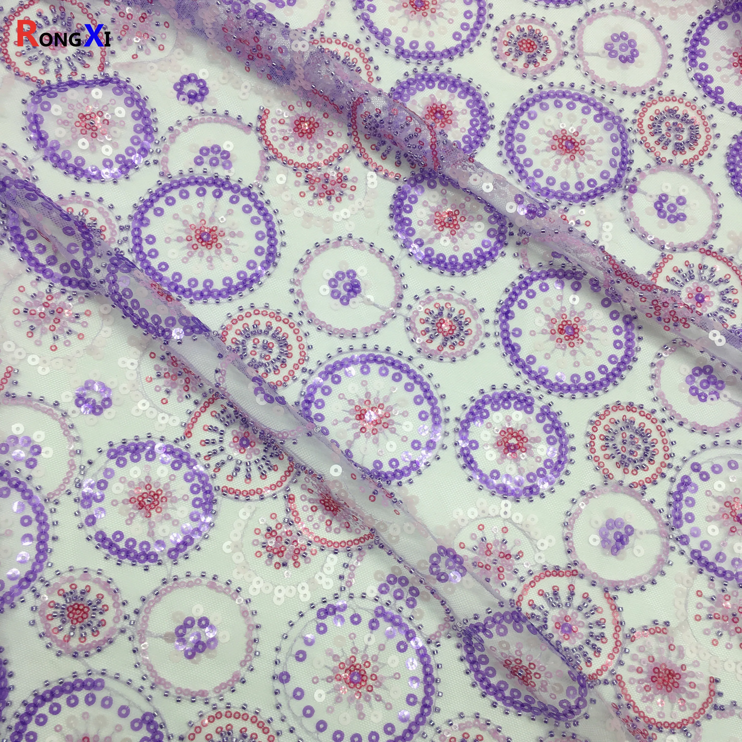 RXF2248 circle embroidery 3mm sequin Beaded purple mesh lace Fabric