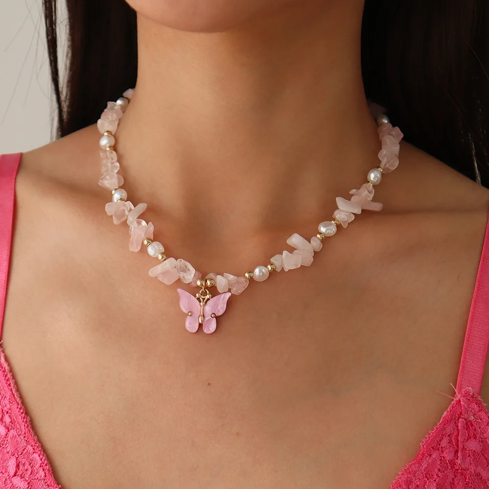 Fashion Natural Gemstone Beaded Choker Baroque Pearl Natural Pink Blue Crystal With Acrylic Butterfly Pendent Necklace