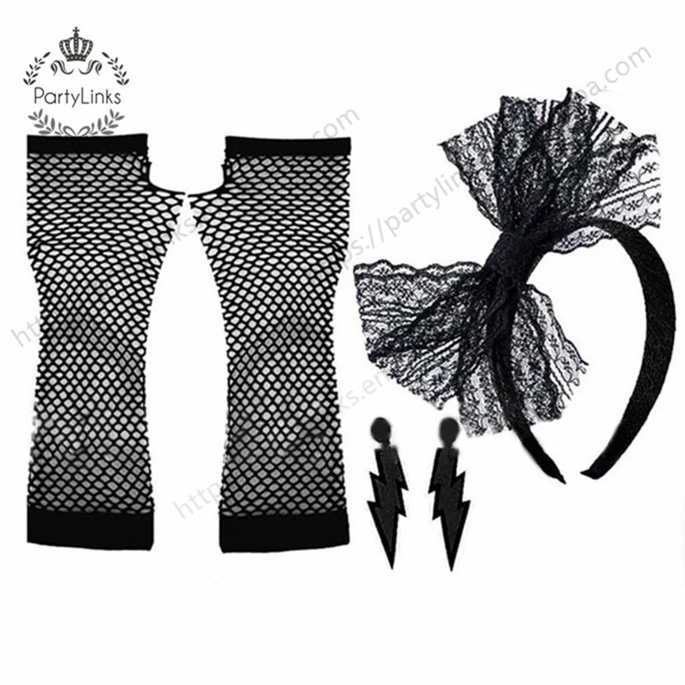 Women 80s Fancy Dress Accessories Retro Party Costume Set Adult Tutu Skirt Neon Fishnet Gloves Beaded Necklace Bracelet Earrings