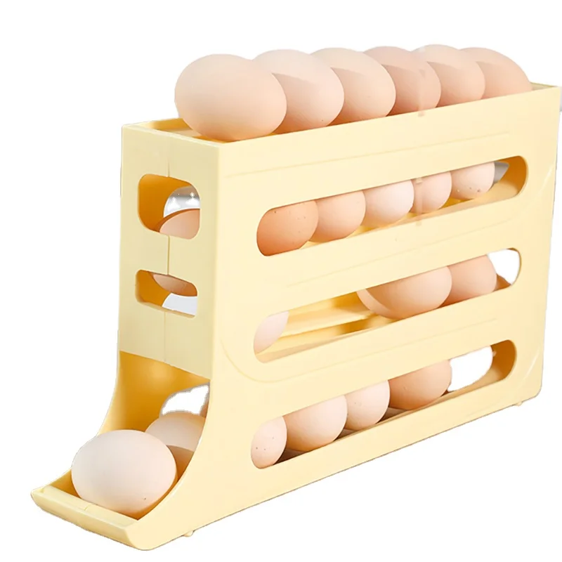 Kitchen Automatic Rolling Egg Holder 4 Layer Door Side Egg Storage Case Multi-Function Plastic Refrigerator Egg Storage Box