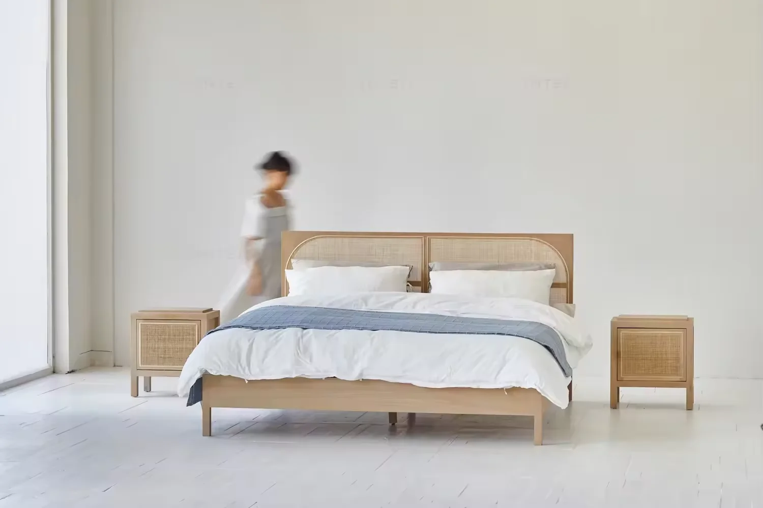 Modern boho wabi sabi eco-friendly solid oak rattan bedroom furniture wooden bed and sofa bed for home use