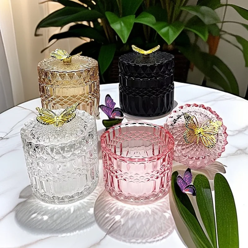 8OZ 12OZ Luxury  Butterfly Glass Empty Candle Jars with Lid for Home Decoration and Candle Making