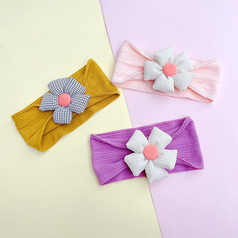 15*8 CM New Korea Fashion Flower Nylon Headband Baby Cable Knit Headbands Kids Girls Soft Turban Infant Head wraps Children