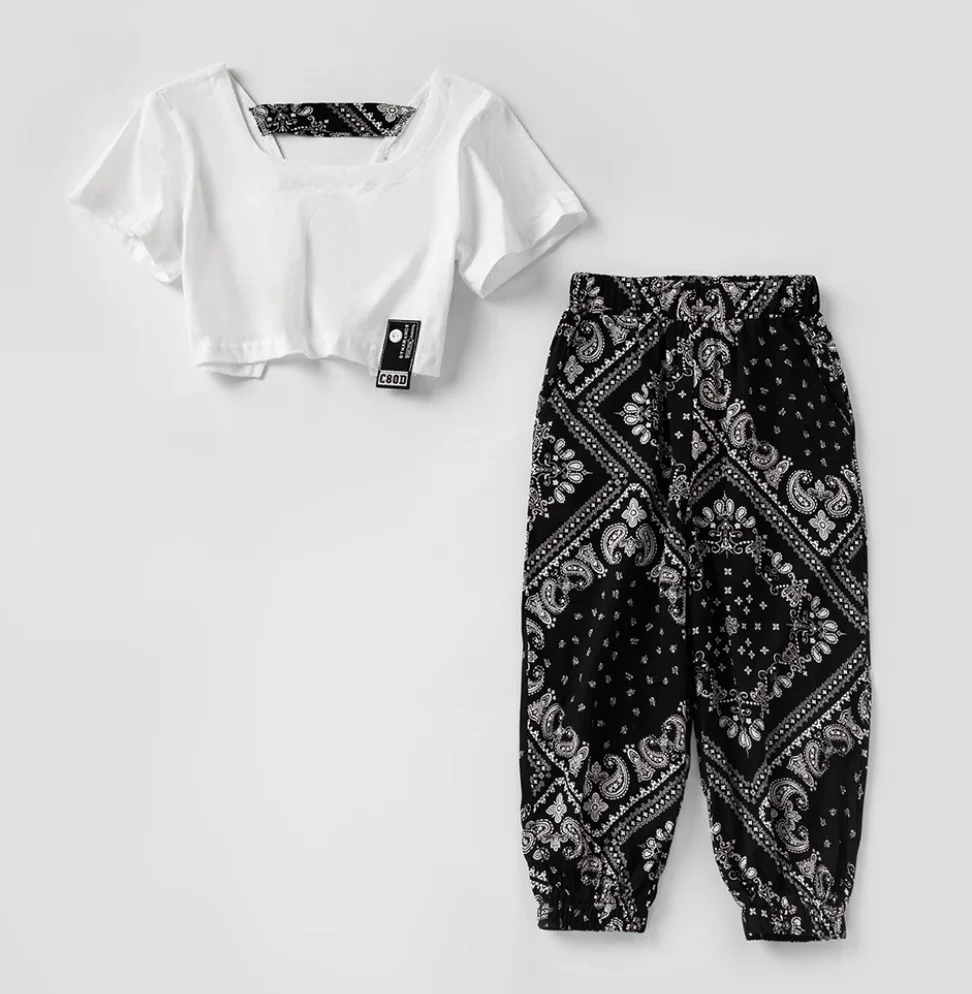 Hot Sale England & American Style Fashion Short White Tshirt +Bohemian Trousers  Summer Clothing 2-Piece Set