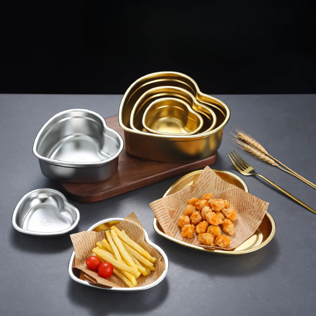New Style Metal Dinnerware Serving Dishes Gold Silver Heart Shaped Stainless Steel Tray